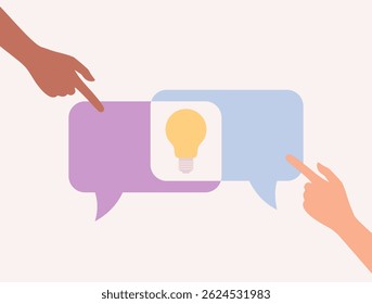 Hands of people of different skin tones pointing at speech bubbles with a light bulb between them. Flat vector illustration
