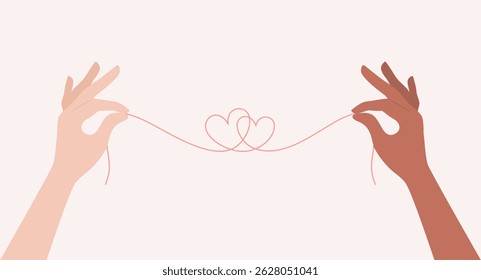 Hands of people of different skin tones holding a thread forming two hearts. Flat vector illustration