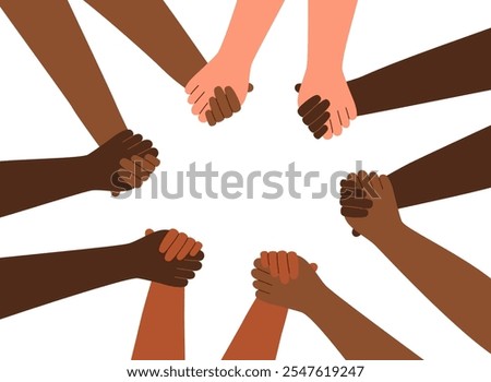Hands of people of different skin tones holding each other. The concept of friendship, peace, equality, racial diversity, inclusivity. Teamwork concept.