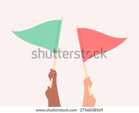 Hands of people of different skin tones holding green and red flags, flat vector illustration