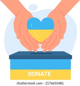 Manos de personas donan y ayudan a Ucrania a combatir la crisis humanitaria. Voluntarios dan corazones con bandera ucraniana para donar ilustraciones planas vectoriales. Esperanza, solidaridad, concepto de ayuda a los refugiados