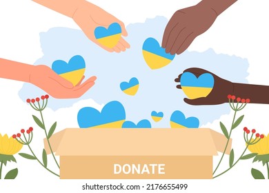 Hands of people donate and help Ukraine to fight humanitarian crisis. Volunteers give hearts with Ukrainian flag to donation box flat vector illustration. Hope, solidarity, aid for refugees concept
