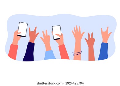 Hands of people enjoying concert or show at party, holding mobile phones, making rock or peace finger gestures. Vector illustration for fun, entertainment, photo, audience concept