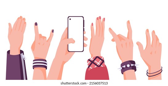 Hands of people enjoying concert or show at party, holding mobile phones, making rock  finger gestures. Flat vector illustration