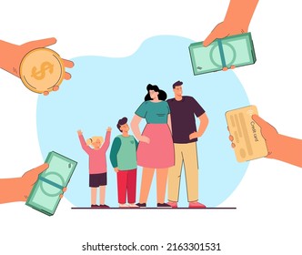 Hands of people giving money to happy family. Hands holding gold coin, banknotes, credit card flat vector illustration. Family, charity concept for banner, website design or landing web page