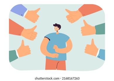 Hands of people giving thumbs up to male colleague. Office person with good reputation among coworkers flat vector illustration. Approval, success, popularity concept for banner or landing web page