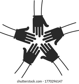 Hands of people in gloves are connected in a circle. The concept of cooperation, unity, togetherness, teamwork, friendship. Joint fight against coronavirus. Vector illustration. Flat infographic