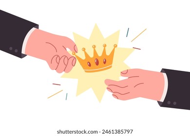 Hands of people with golden crown handing over trophy to winner of business competition among colleagues. Entrepreneur receives leader trophy symbolizing superiority over competitors.