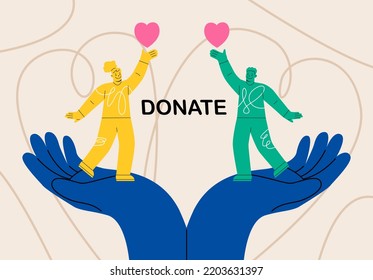 Manos de personas con corazones para donaciones de caridad. Concepto de caridad, donación y cuidado social. Ilustración vectorial colorida
