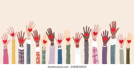 Hands of people with hearts on each hand are raised up in the air, love, relationship, romance concep