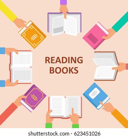 The hands of people hold open and closed books. Thematic book poster, banner or flyer in a flat style. Reading books, studying them, buying and taking them in the library. 