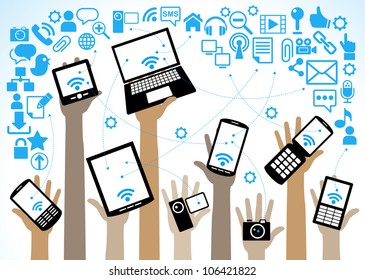 hands of the people hold the phone, laptop, tablet and surrounded by icons of the Internet