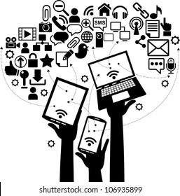 hands of the people hold the phone, laptop, tablet and surrounded by icons of the Internet