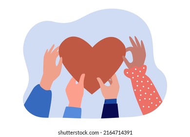 Hands of people holding big chocolate heart. Persons with brown comic heart flat vector illustration. Valentine day, love, romance concept for banner, website design or landing web page