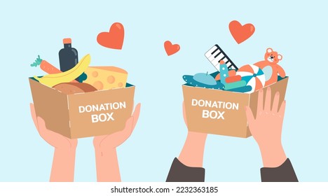 Hands of people holding boxes with food and children toys. Volunteers with donation boxes full of products flat vector illustration. Charity, assistance, support, volunteering concept for banner