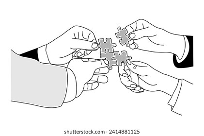 Hands of people holding, connecting puzzle pieces.