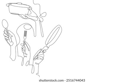 Hands of people holding dishes. Vector illustration on culinary theme isolated on white background with place for text. Continuous line drawing style.