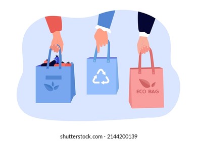 Hands of people holding eco bags or shoppers for groceries. Reusable, organic, ecological bags for food flat vector illustration. Zero waste, shopping concept for banner or landing web page
