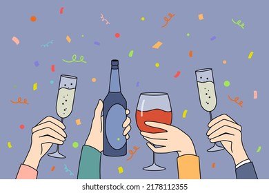 Hands of people holding glasses drinking together on party. Group having fun enjoy cocktails beverages on celebration. Vector illustration. 