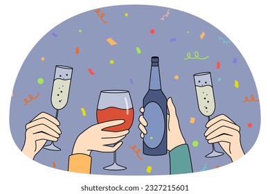 Hands of people holding glasses drinking together on party. Group having fun enjoy cocktails beverages on celebration. Vector illustration.