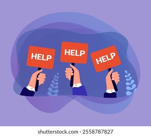 Hands of people holding help placards. Persons with signs asking for help or donations flat vector illustration. Support, assistance, charity concept for banner, website design or landing web page