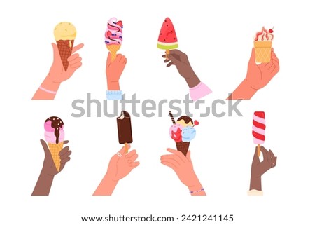 Hands of people holding ice creams set. Human arms hold cone with soft colorful balls or swirls of gelato and chocolate sprinkles, popsicle on stick, frozen yogurt in cup cartoon vector illustration