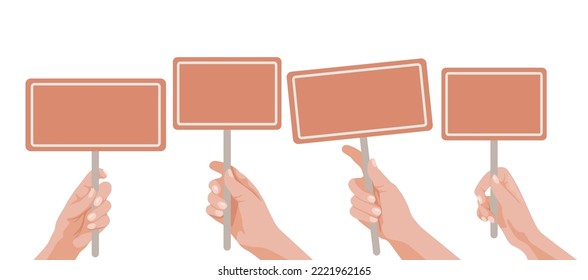 Hands von Leuten, die Vektorgrafiken-Zeichensätze mit Plakaten halten. Sammlung von Zeichnungen von menschlichen Händen mit leeren oder leeren Zeichen. Information, Ankündigung, Protest, Werbekonzept