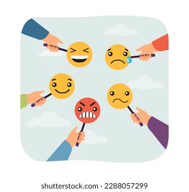 Hands of people holding signs with different emoticons. Team members feeling different emotions vector illustration. Emotional intelligence, emotions, psychology, cooperation, communication concept