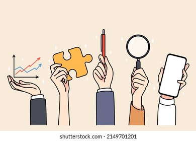 Hands of people holding various work tools and equipment. Businesspeople use stationery for job, phone, magnifier and pen. Office and job supplies. Flat vector illustration. 