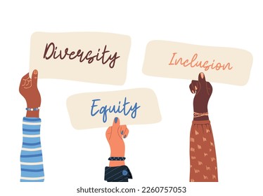 Hands of people multi ethnic races holding placards with text. Diversity, inclusion and equity concept. Racial equality and anti-racism. Multicultural society. Vector illustration