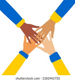 Hands of people of multiethnic and other communities stick together, fighting for peace and equality. Blue and yellow. Vector.
