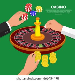 Hands of people with objects from casino.Roulette game.Design elements in an isometry.3D style.Vector illustration. Flat design.
