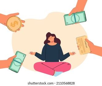 Manos de gente ofreciendo dinero a una mujer tranquila feliz. Niña talentosa que recibe oportunidades empresariales o profesionales ilustraciones vectoriales planas. Éxito, riqueza, concepto de calificación para banner, diseño de sitio web