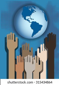Hands of people on a blue background and globe