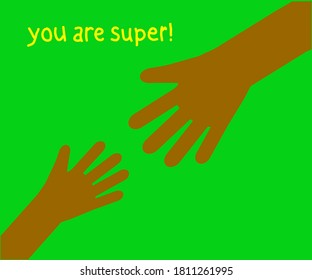 Hands of people on a green background. Postcard. Vector illustration.