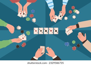 Hands of people playing board game poker, top view. Table in a casino with chips and playing cards. Vector flat illustration, table gambling.