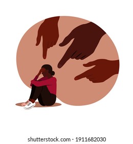 Hands of people point to the african girl. Opinion and the pressure of society and shame concept. Non-confident african woman. Vector flat