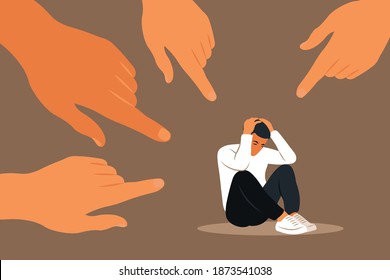 Hands of people point to the girl. Non-confident man. Opinion and the pressure of society. Shame. Vector flat