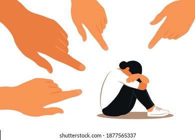 Hands of people point to the girl. Non-confident woman. Opinion and the pressure of society. Shame. Vector flat