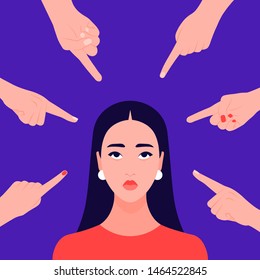 Hands of people point to the girl. Portrait of a non-confident woman. Opinion and the pressure of society. Shame. Vector flat illustration