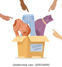 Hands of people pointing at donation box vector illustration. Cartoon drawing of donation clothes, jumper, dress, jeans isolated on white background. Charity, fashion, support concept
