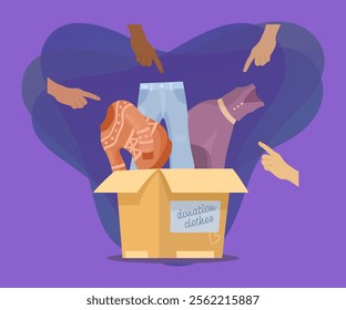 Hands of people pointing at donation box vector illustration. Cartoon drawing of donation clothes, jumper, dress, jeans on purple background. Charity, fashion, support concept