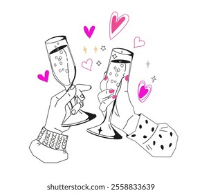 Hands of people raising glasses of wine or champagne for Valentine's Day theme, loving couple hands clinking glasses, line vector illustration isolated on white background.