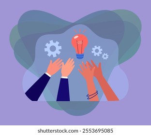 Hands of people reaching for bright light bulb at top. Analysis, clever think and ideas by persons flat vector illustration. Innovation, solution concept for banner, website design or landing web page