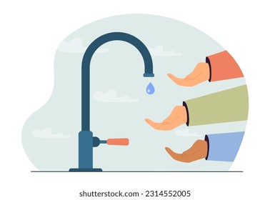 Hands of people reaching for water dropping from tap. Water restriction and shortage due to drought or dry climate, limited water supply vector illustration. Drought, hygiene, ecology concept