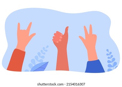 Hands of people showing different gestures. Cartoon persons showing thumbs up, peace and I love you sign flat vector illustration. Communication, sign language, accessibility concept for banner