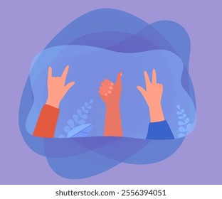 Hands of people showing different gestures. Cartoon persons showing thumbs up, peace and I love you sign flat vector illustration. Communication, sign language, accessibility concept for banner