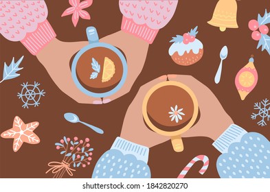 Hands of people sitting around table and celebrating Christmas, dreanking tea with decorated cookies. Top view. Colorful cartoon holiday flat vector illustration.Palms hot with cup with xmas elements.