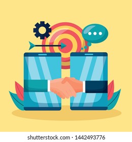 hands people smartphones connection business handshake vector illustration