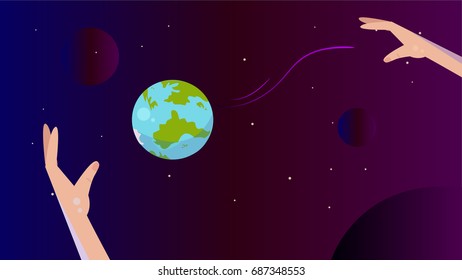 The hands of people in space throw the planet earth